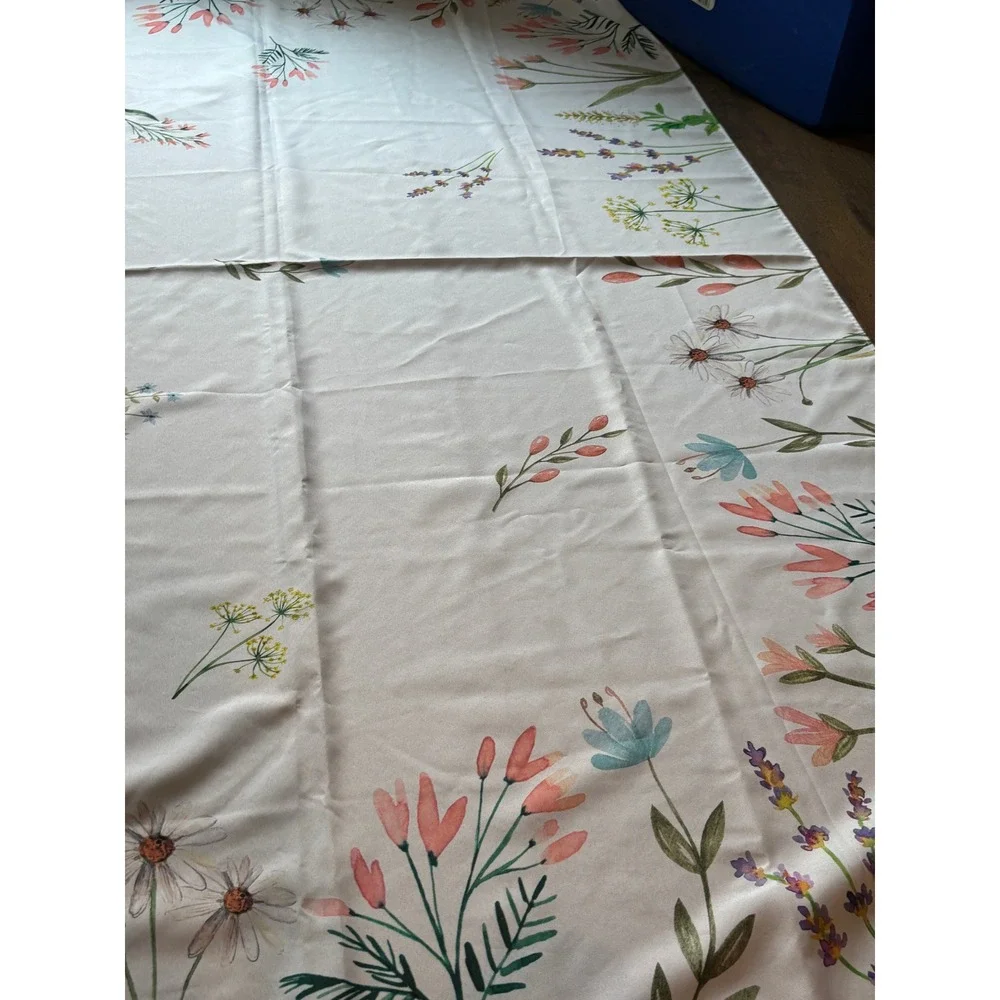 Wildflower Botanical Print White Satin Rectangular Tablecloth Floral Cottagecore